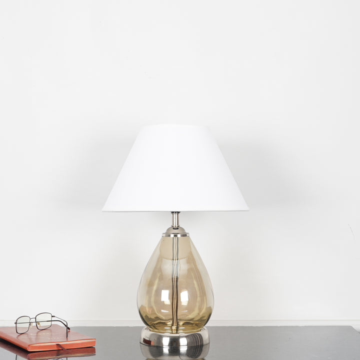 DECADE Smoke Glass and Nickel Finish Metal Table Lamp With Beige Cotton Shade