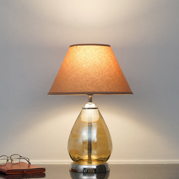 DECADE Smoke Glass and Nickel Finish Metal Table Lamp With Beige Cotton Shade