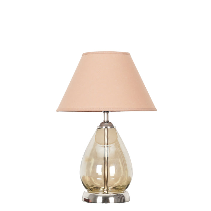 DECADE Smoke Glass and Nickel Finish Metal Table Lamp With Beige Cotton Shade