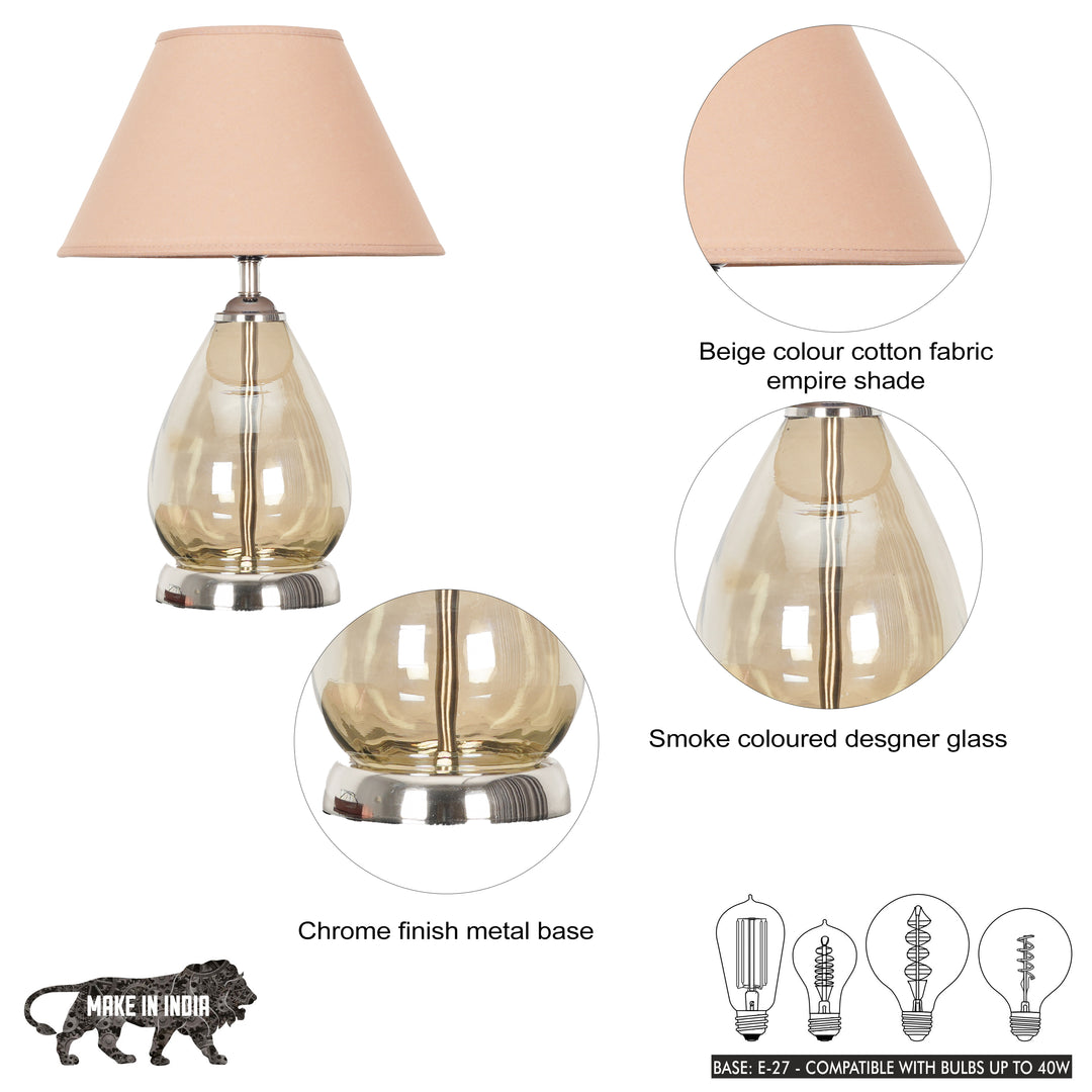DECADE Smoke Glass and Nickel Finish Metal Table Lamp With Beige Cotton Shade