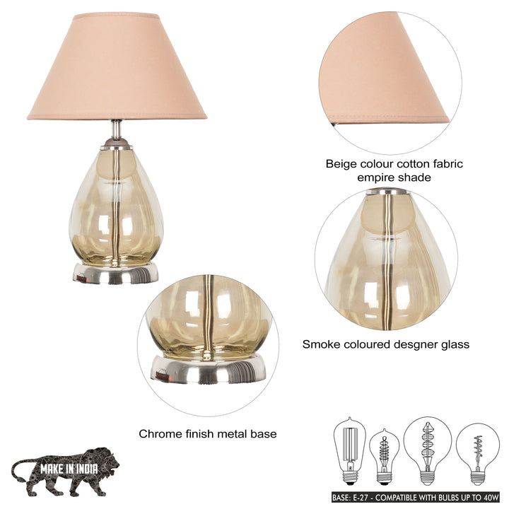 DECADE Smoke Glass and Nickel Finish Metal Table Lamp With Beige Cotton Shade