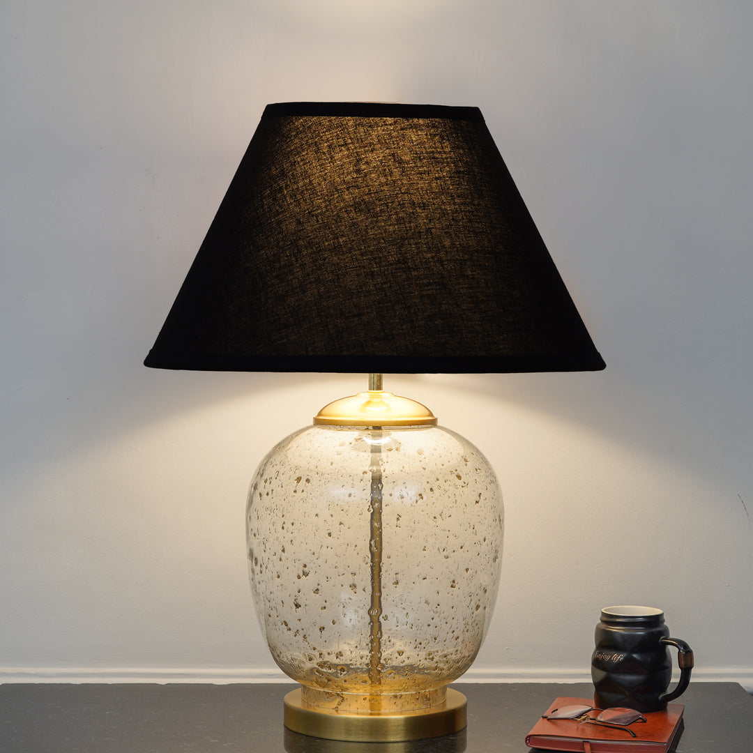 SECRET Water Droplets On Glass and Brass Finish Metal Large Table Lamp With Beige Cotton Shade