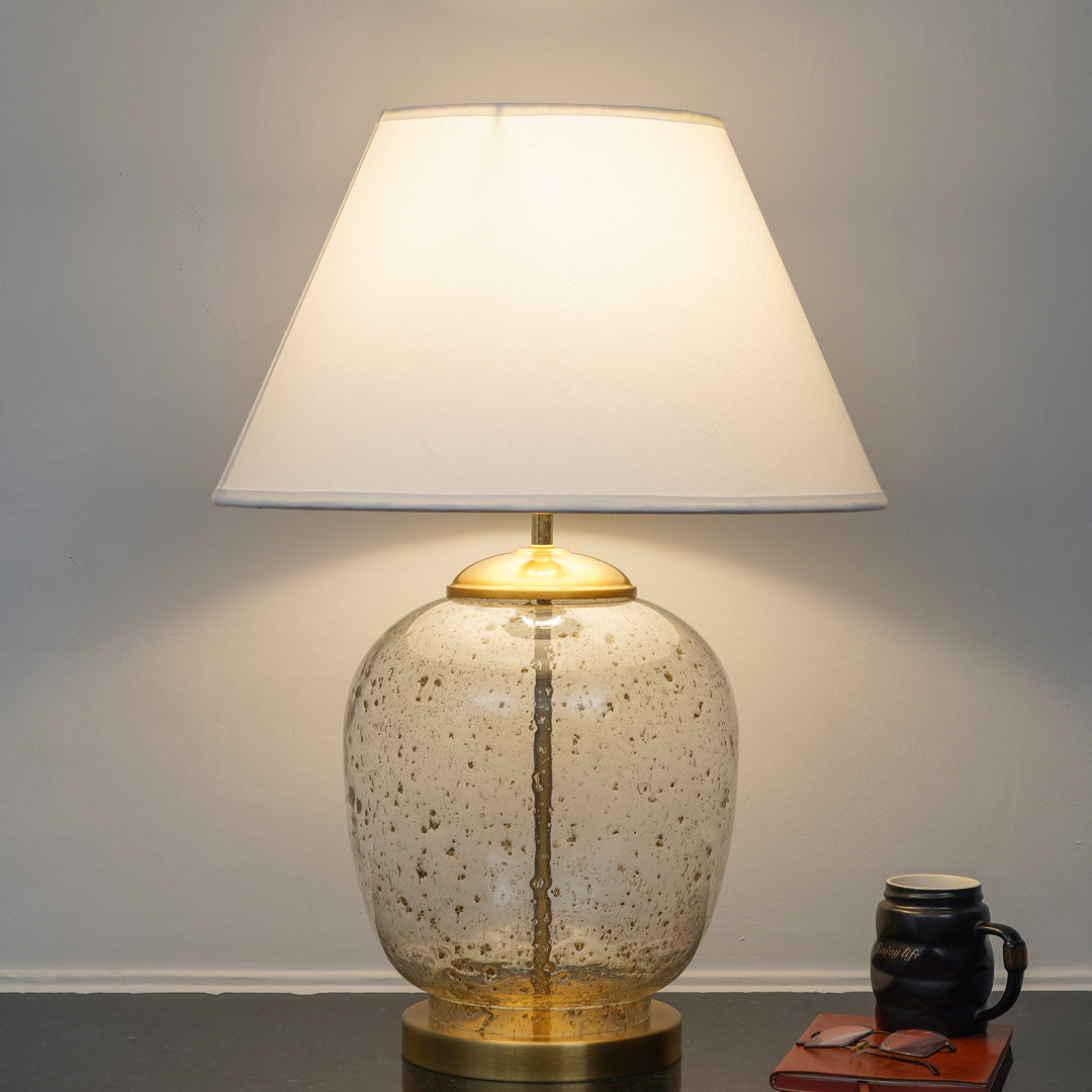 SECRET Water Droplets On Glass and Brass Finish Metal Large Table Lamp With Beige Cotton Shade