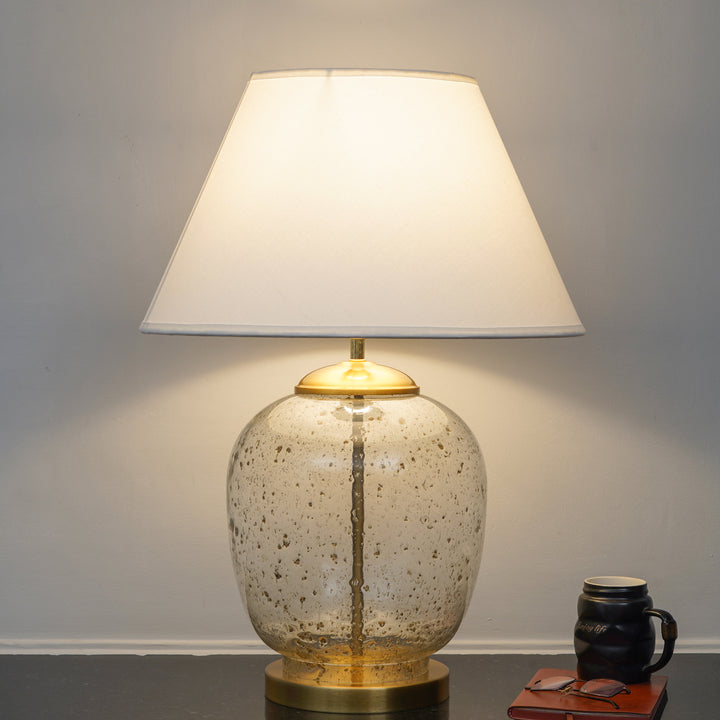 SECRET Water Droplets On Glass and Brass Finish Metal Large Table Lamp With Beige Cotton Shade