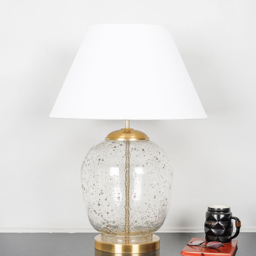 SECRET Water Droplets On Glass and Brass Finish Metal Large Table Lamp With Beige Cotton Shade