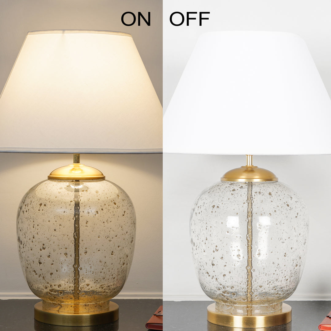 SECRET Water Droplets On Glass and Brass Finish Metal Large Table Lamp With Beige Cotton Shade