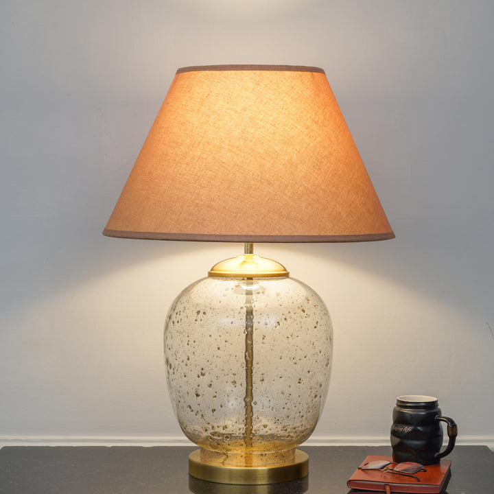 SECRET Water Droplets On Glass and Brass Finish Metal Large Table Lamp With Beige Cotton Shade