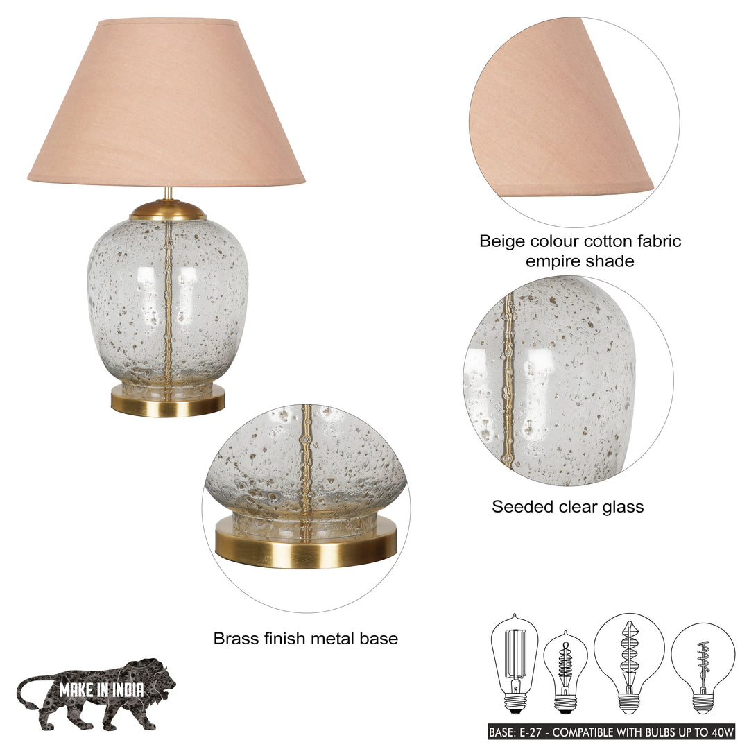SECRET Water Droplets On Glass and Brass Finish Metal Large Table Lamp With Beige Cotton Shade