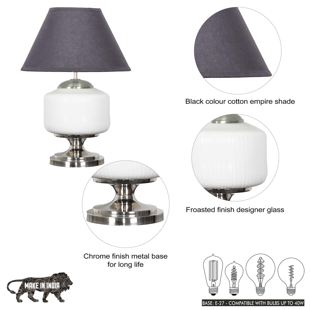RAMZI Chrome Finish Metal And Frosted White Glass Table Lamp With Beige Cotton Shade
