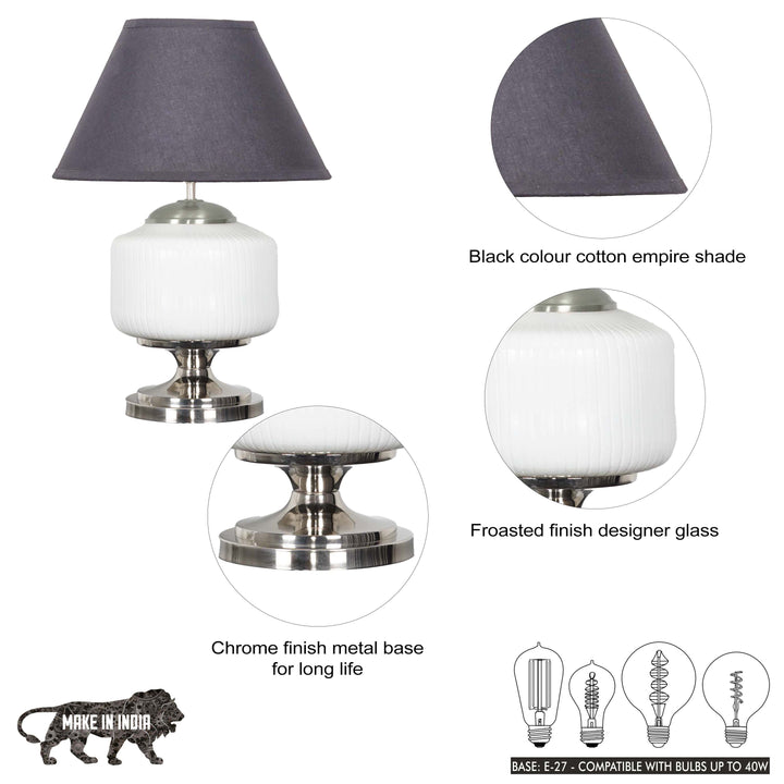 RAMZI Chrome Finish Metal And Frosted White Glass Table Lamp With Beige Cotton Shade