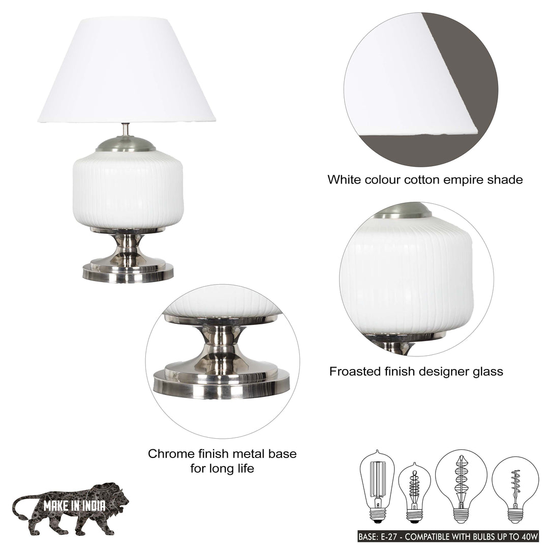 RAMZI Chrome Finish Metal And Frosted White Glass Table Lamp With Beige Cotton Shade