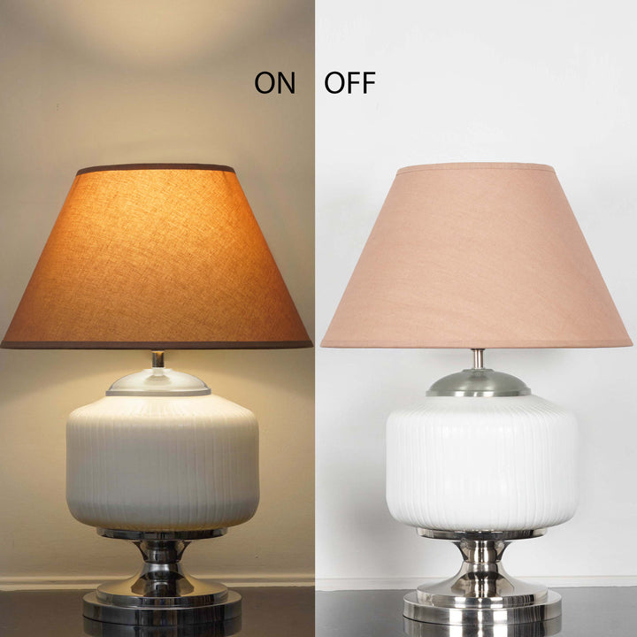 RAMZI Chrome Finish Metal And Frosted White Glass Table Lamp With Beige Cotton Shade