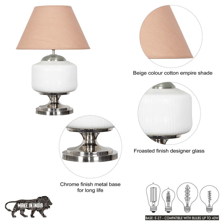 RAMZI Chrome Finish Metal And Frosted White Glass Table Lamp With Beige Cotton Shade