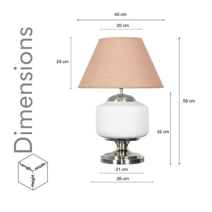 RAMZI Chrome Finish Metal And Frosted White Glass Table Lamp With Beige Cotton Shade