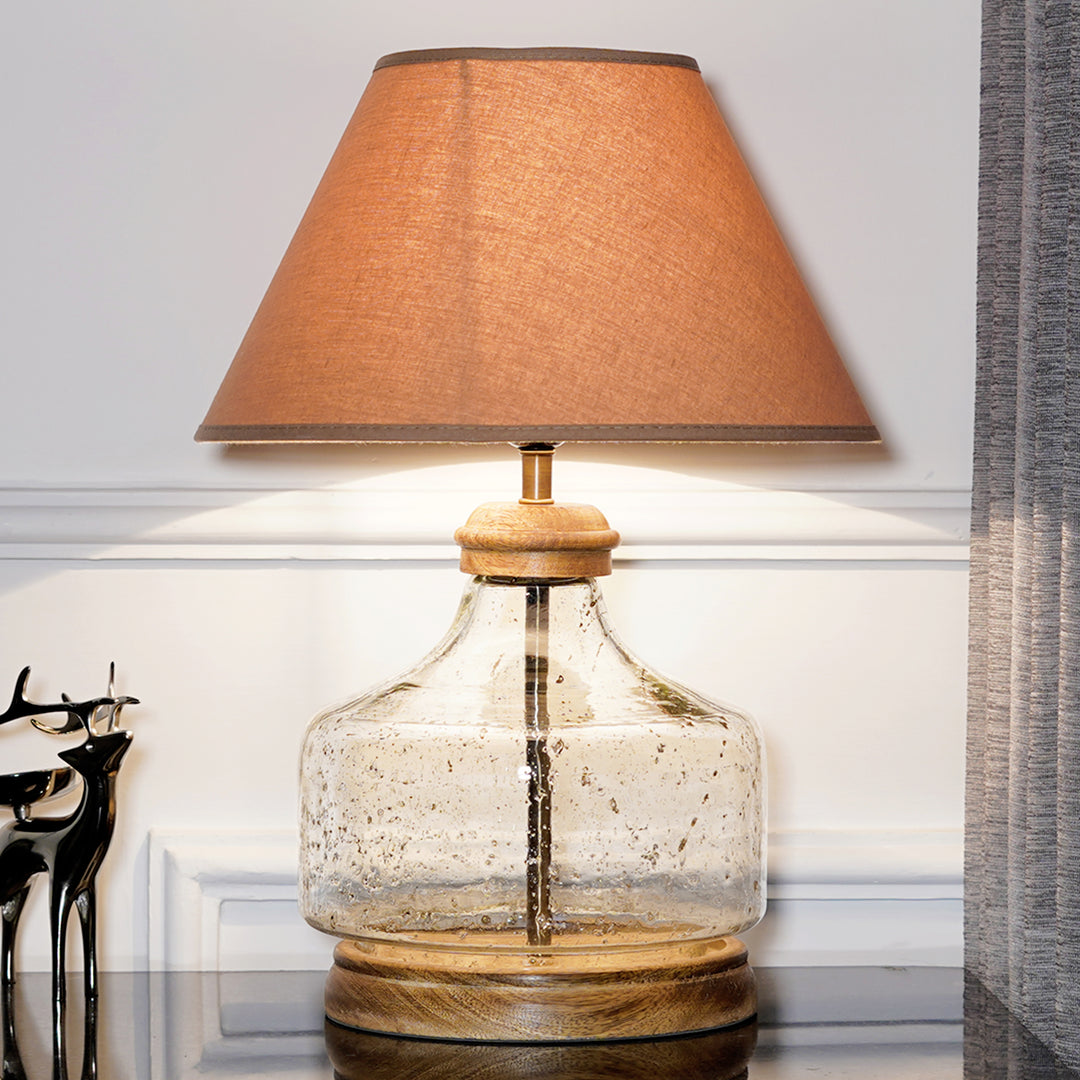 Tuscan Glass and Wood Table Lamp With Beige Cotton Shade