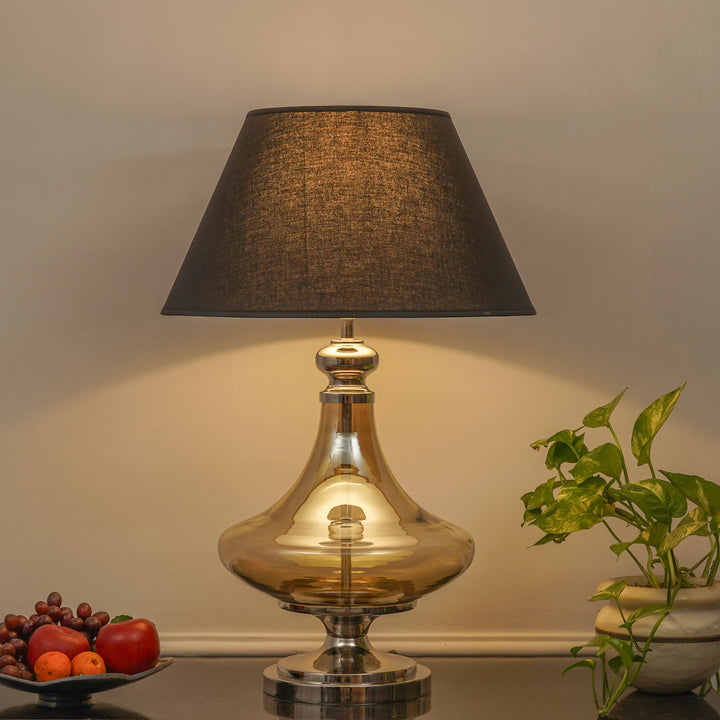 DELICEA Smoke Glass and Chrome Finish Metal Table Lamp With Black Cotton Shade