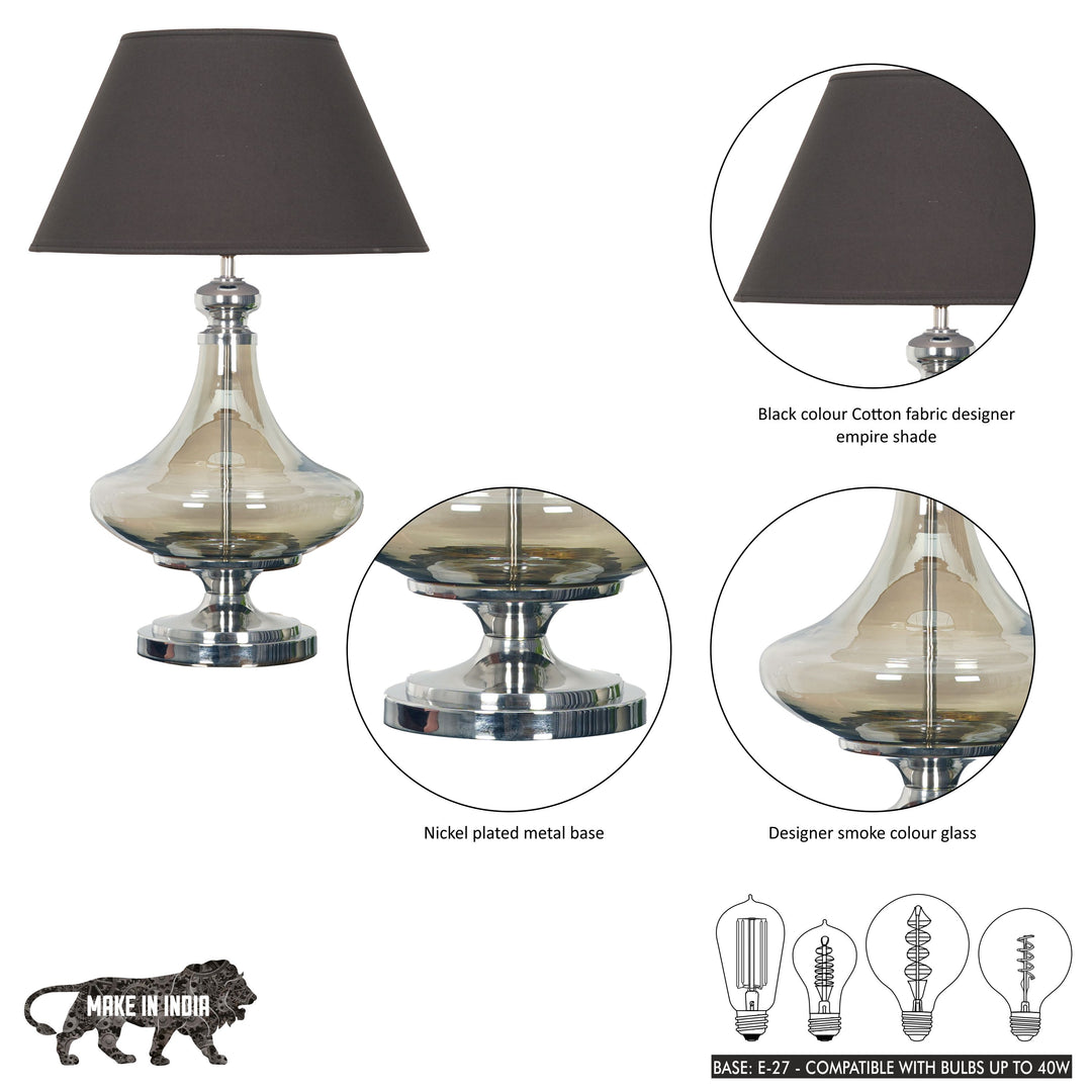 DELICEA Smoke Glass and Chrome Finish Metal Table Lamp With Black Cotton Shade