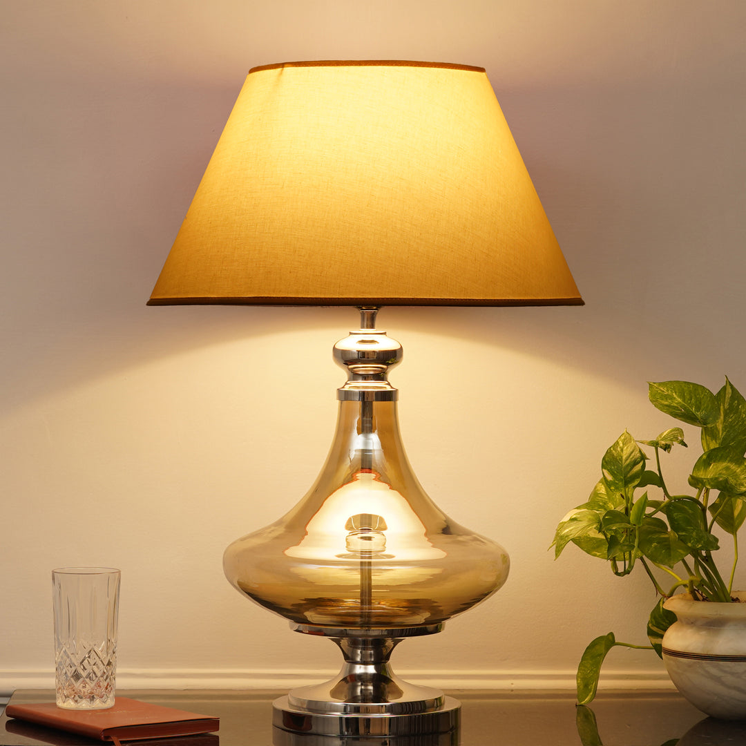 DELICEA Smoke Glass and Chrome Finish Metal Table Lamp With Black Cotton Shade