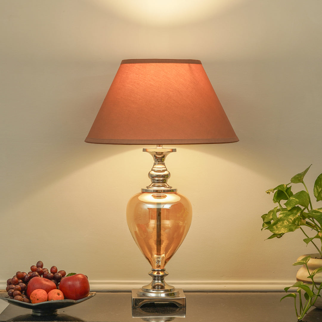HINTON Amber Glass and Nickel Finish Metal Table Lamp With Cotton Shade