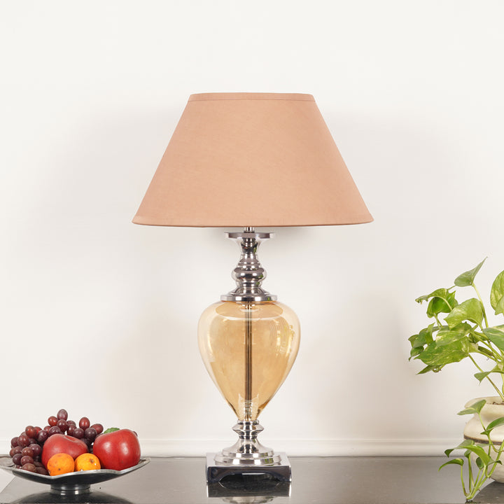 HINTON Amber Glass and Nickel Finish Metal Table Lamp With Cotton Shade