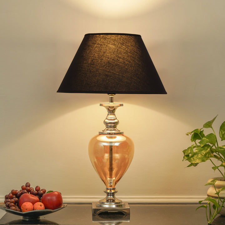 HINTON Amber Glass and Nickel Finish Metal Table Lamp With Cotton Shade