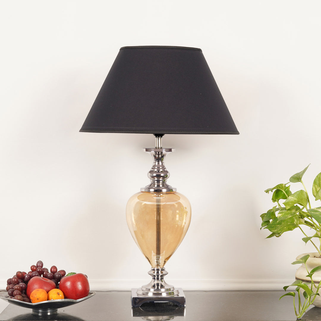 HINTON Amber Glass and Nickel Finish Metal Table Lamp With Cotton Shade