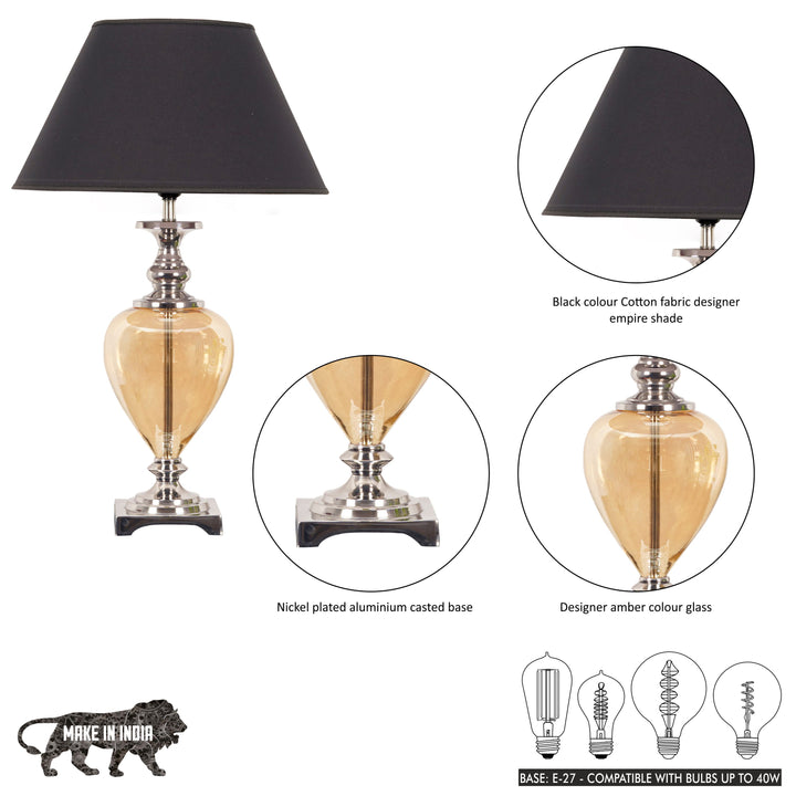 HINTON Amber Glass and Nickel Finish Metal Table Lamp With Cotton Shade