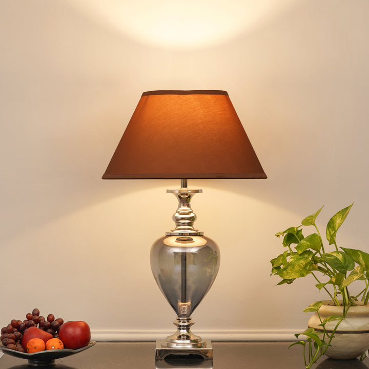 HINTON Blue Glass and Nickel Finish Metal Table Lamp With Cotton Shade