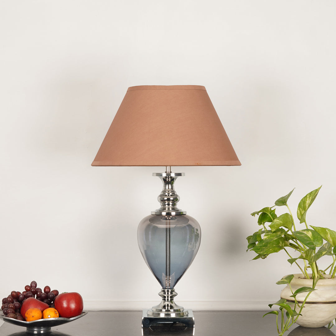 HINTON Blue Glass and Nickel Finish Metal Table Lamp With Cotton Shade