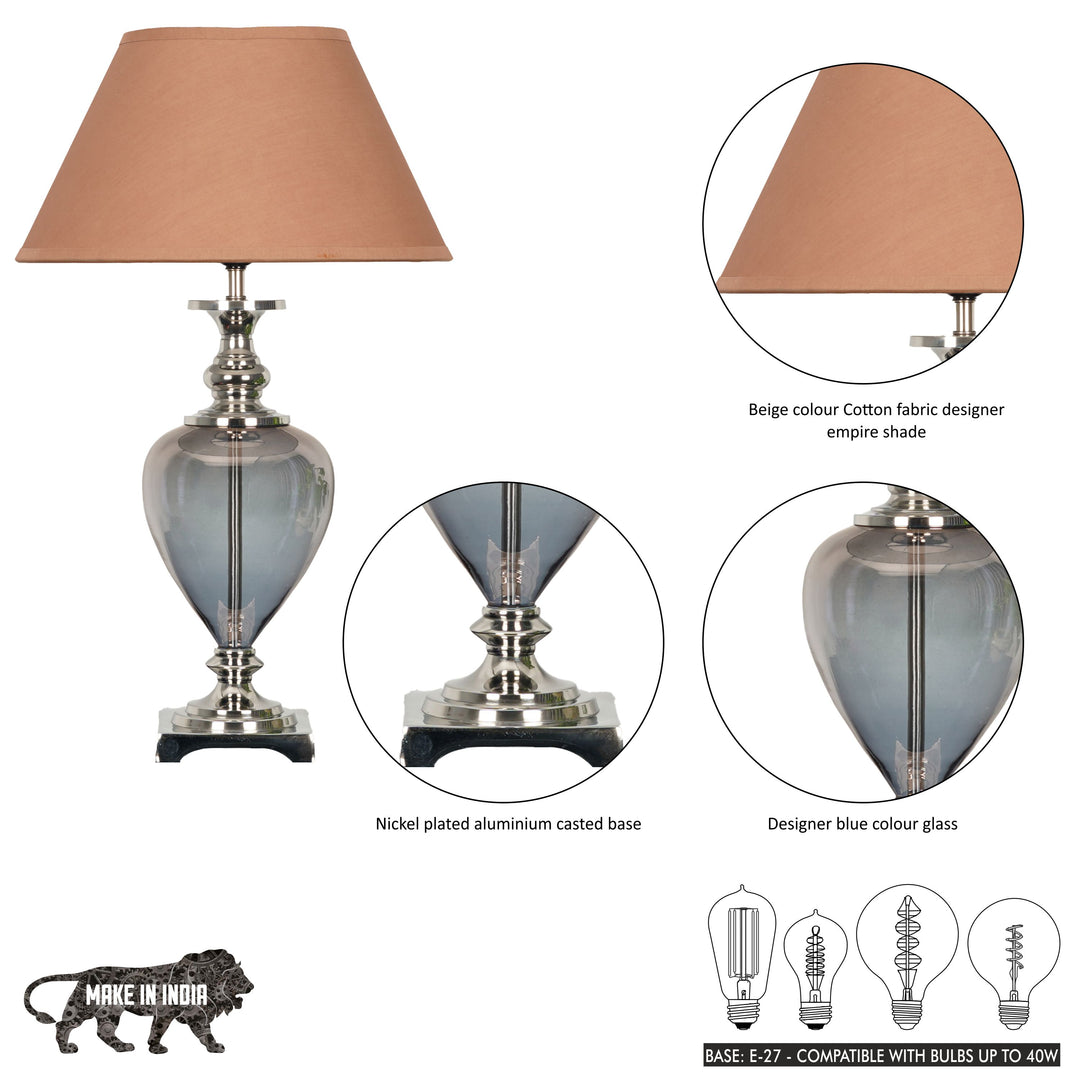 HINTON Blue Glass and Nickel Finish Metal Table Lamp With Cotton Shade