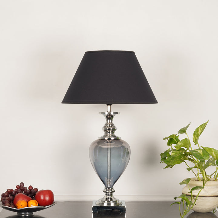 HINTON Blue Glass and Nickel Finish Metal Table Lamp With Cotton Shade