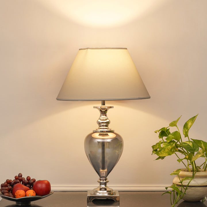 HINTON Blue Glass and Nickel Finish Metal Table Lamp With Cotton Shade