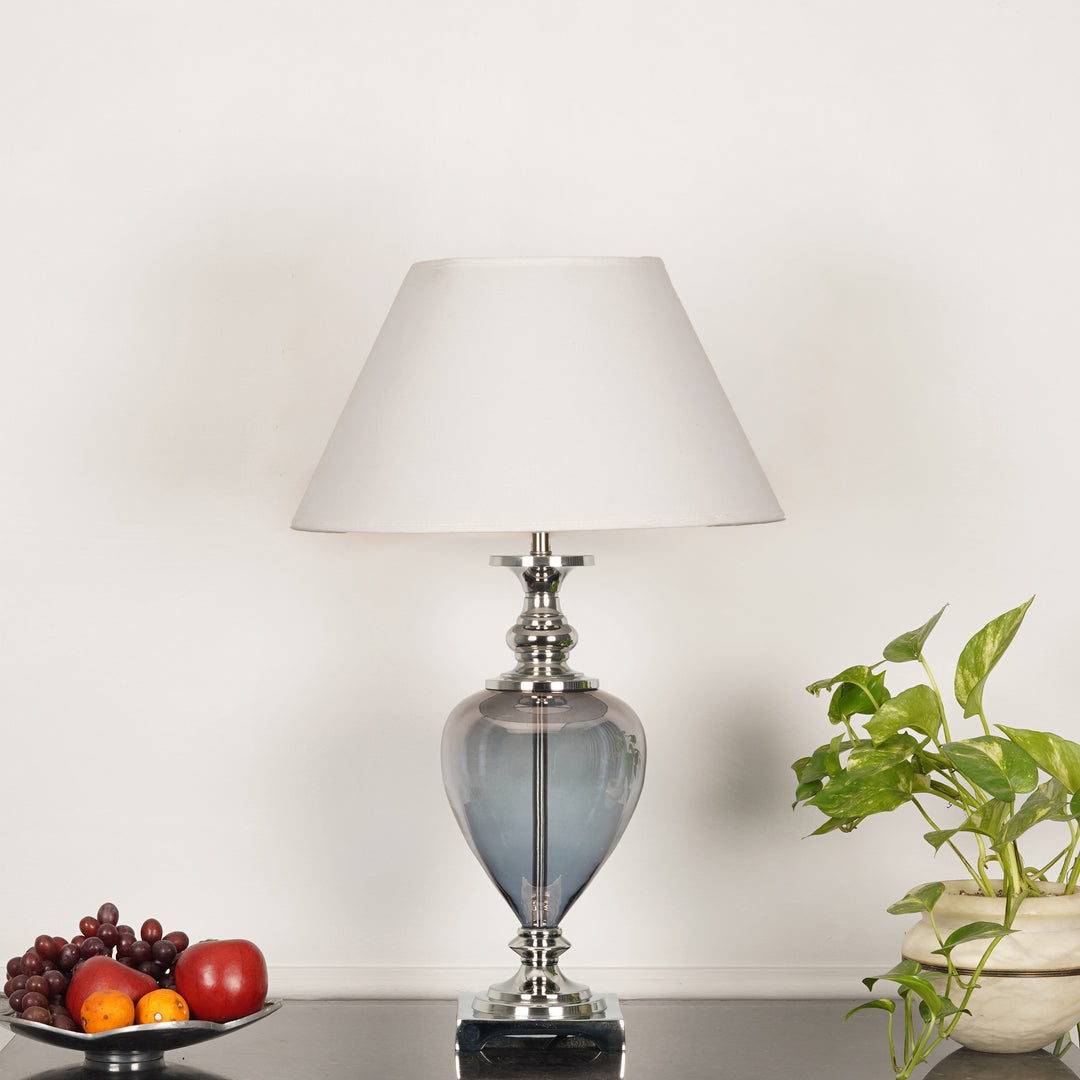 HINTON Blue Glass and Nickel Finish Metal Table Lamp With Cotton Shade