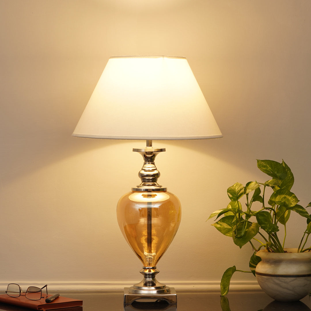 HINTON Amber Glass and Nickel Finish Metal Table Lamp With Cotton Shade