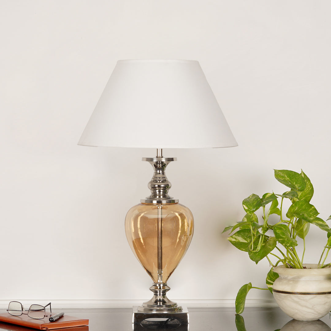 HINTON Amber Glass and Nickel Finish Metal Table Lamp With Cotton Shade