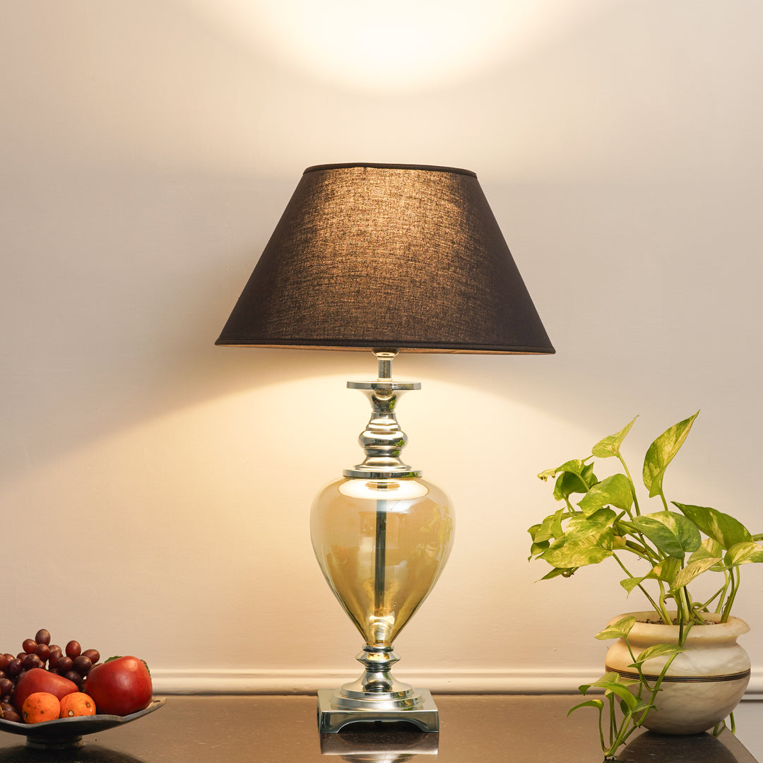 HINTON Smoke Glass and Nickel Finish Metal Table Lamp With Cotton Shade
