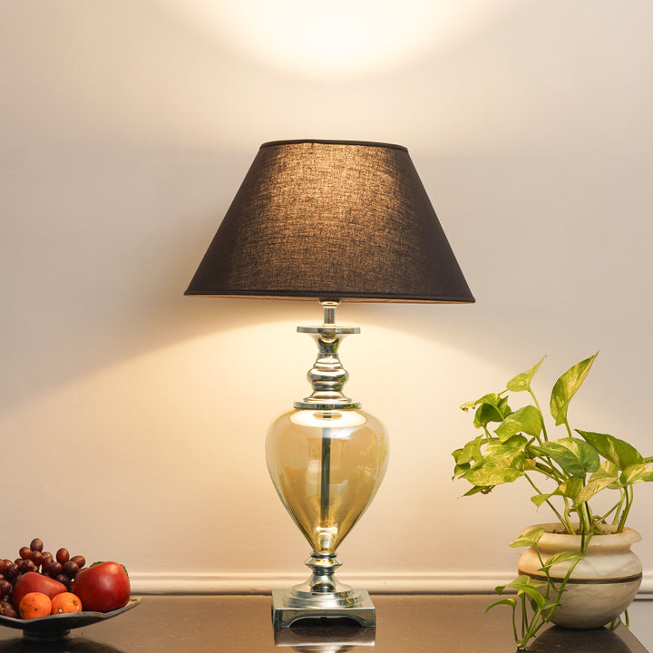 HINTON Smoke Glass and Nickel Finish Metal Table Lamp With Cotton Shade