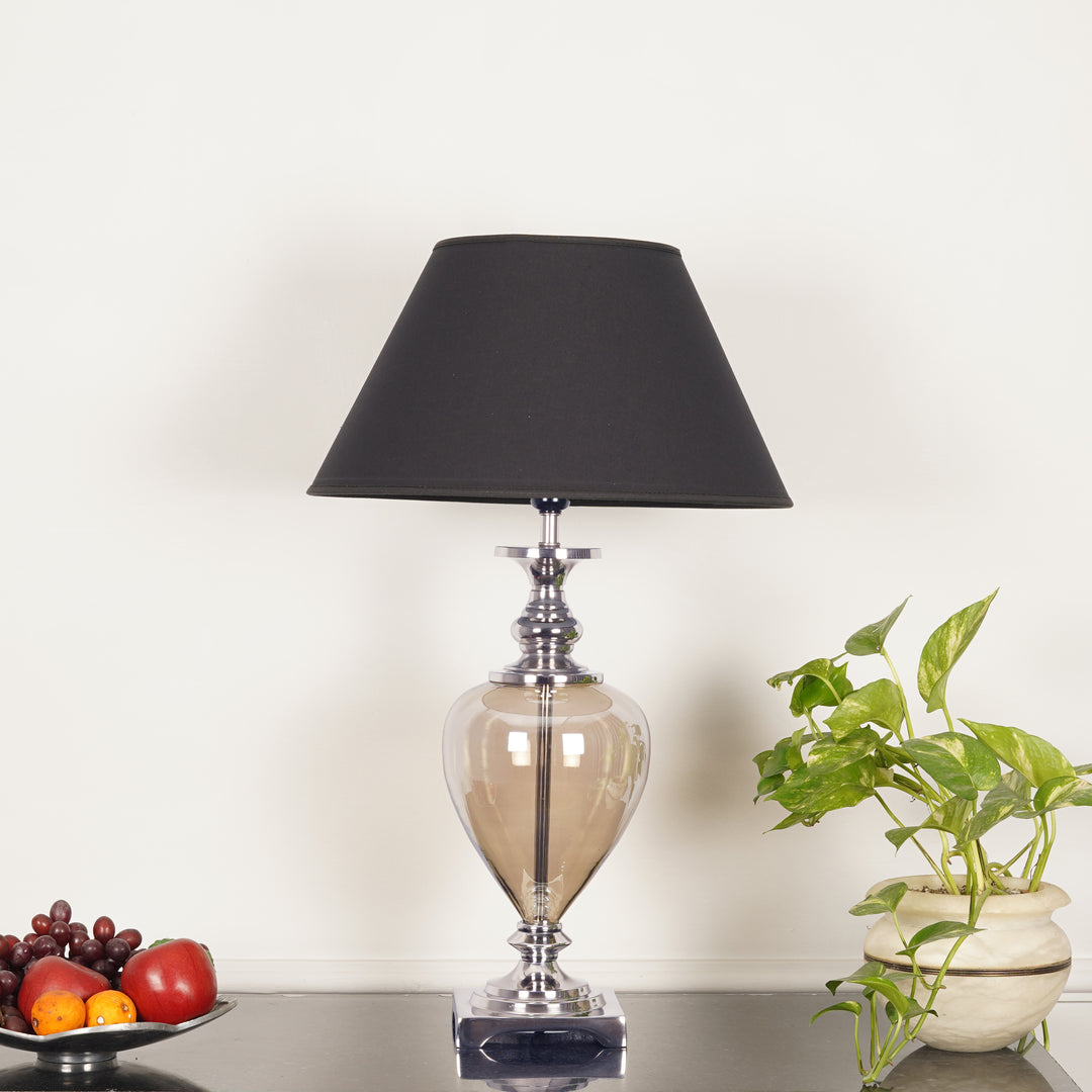 HINTON Smoke Glass and Nickel Finish Metal Table Lamp With Cotton Shade