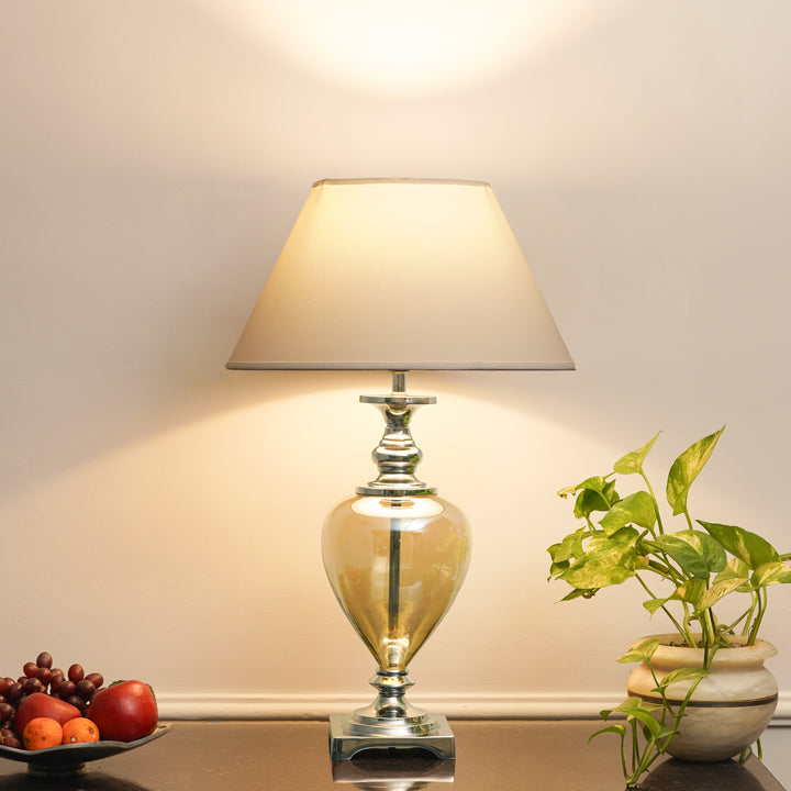 HINTON Smoke Glass and Nickel Finish Metal Table Lamp With Cotton Shade