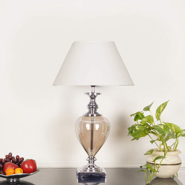 HINTON Smoke Glass and Nickel Finish Metal Table Lamp With Cotton Shade
