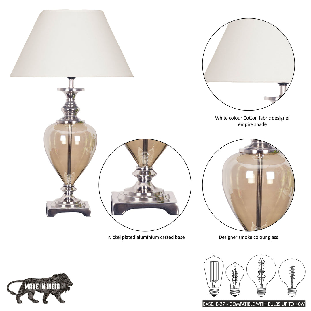 HINTON Smoke Glass and Nickel Finish Metal Table Lamp With Cotton Shade