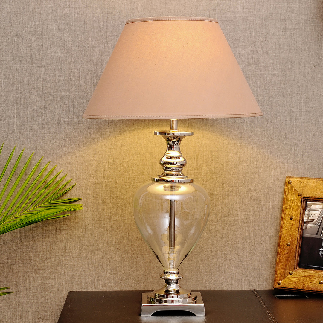 HINTON Clear Glass and Nickel Finish Metal Table Lamp With Cotton Shade