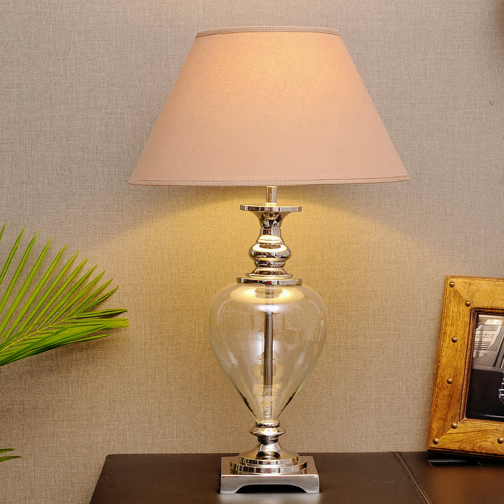 HINTON Clear Glass and Nickel Finish Metal Table Lamp With Cotton Shade