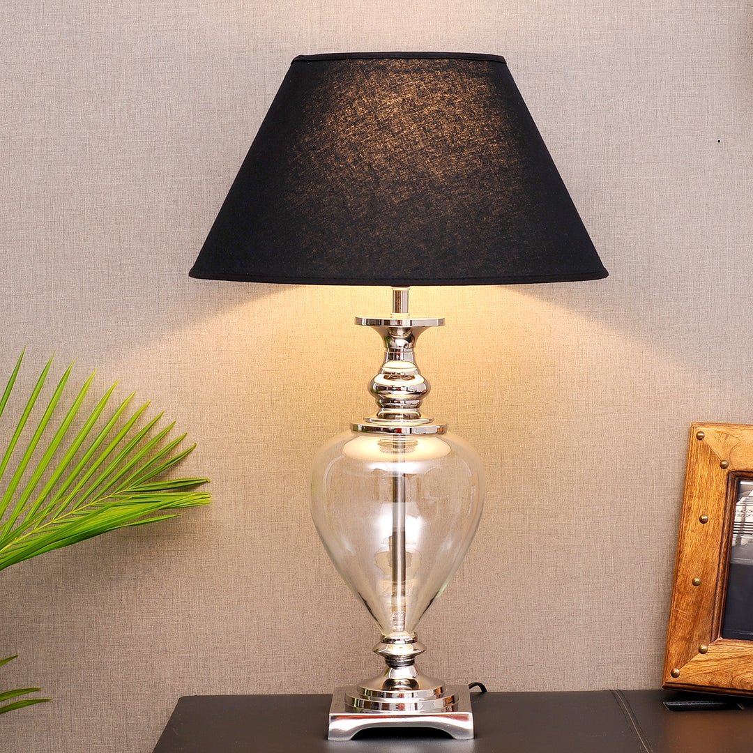HINTON Clear Glass and Nickel Finish Metal Table Lamp With Cotton Shade