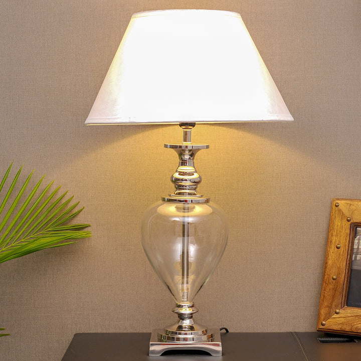 Hinton Clear Glass and Nickel Finish Metal Table Lamp With White Cotton Shade