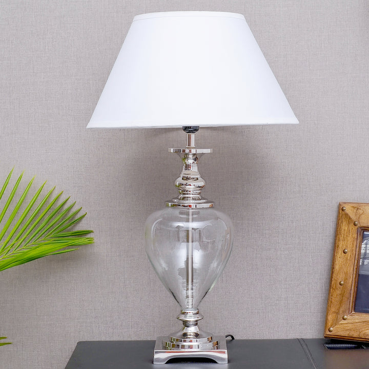 Hinton Clear Glass and Nickel Finish Metal Table Lamp With White Cotton Shade