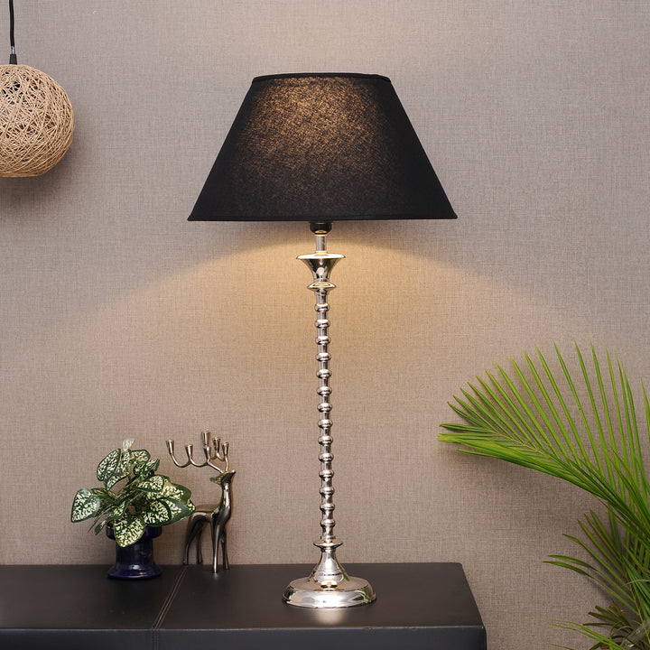 IPSWICH CARLTON Nickel Finish Metal Table Lamp with Black Cotton Fabric Shade | Modern Bedside Lamp for Bedroom, Living Room, Study & Home Decor