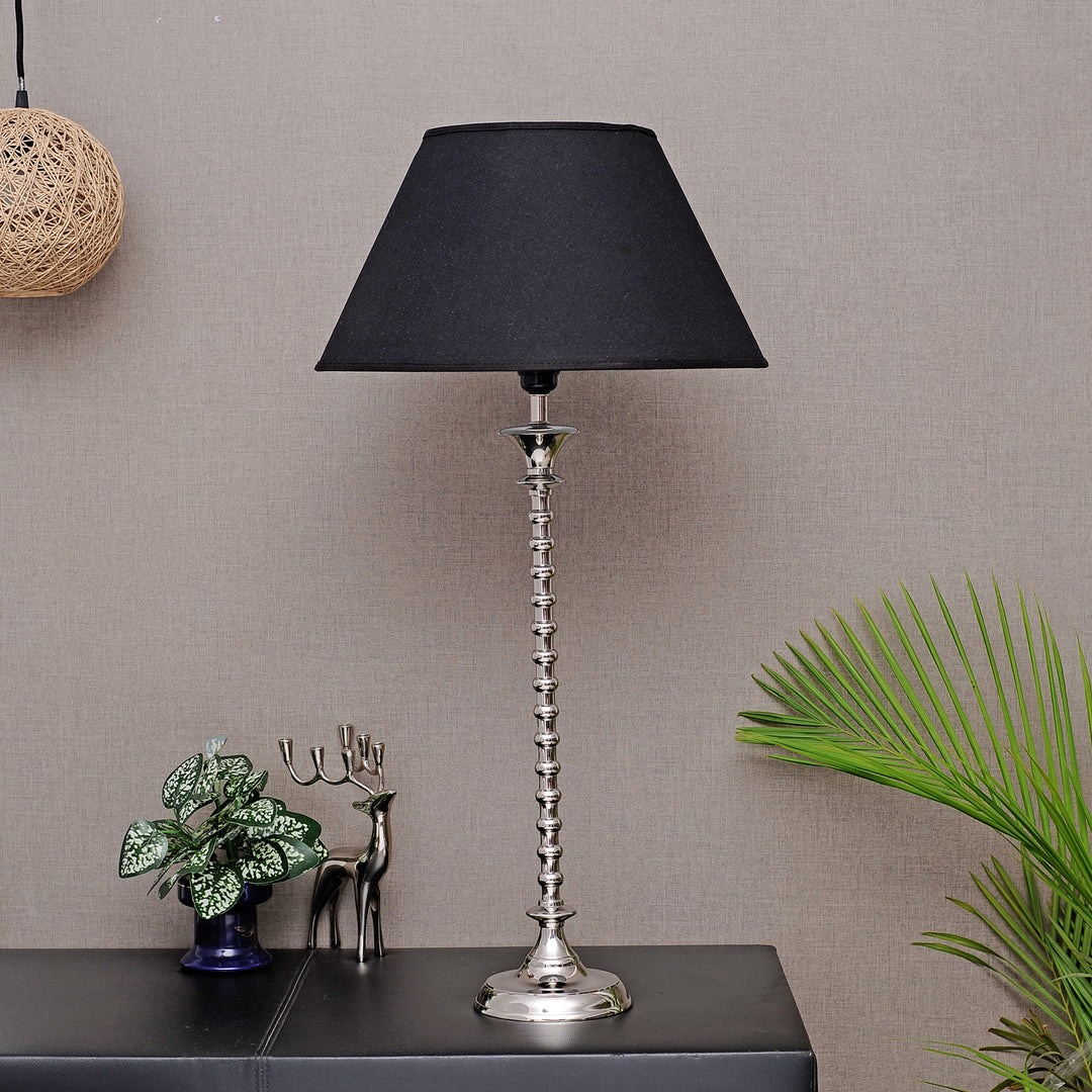 IPSWICH CARLTON Nickel Finish Metal Table Lamp with Black Cotton Fabric Shade | Modern Bedside Lamp for Bedroom, Living Room, Study & Home Decor