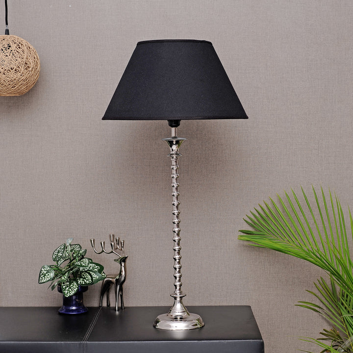 IPSWICH CARLTON Nickel Finish Metal Table Lamp with Black Cotton Fabric Shade | Modern Bedside Lamp for Bedroom, Living Room, Study & Home Decor