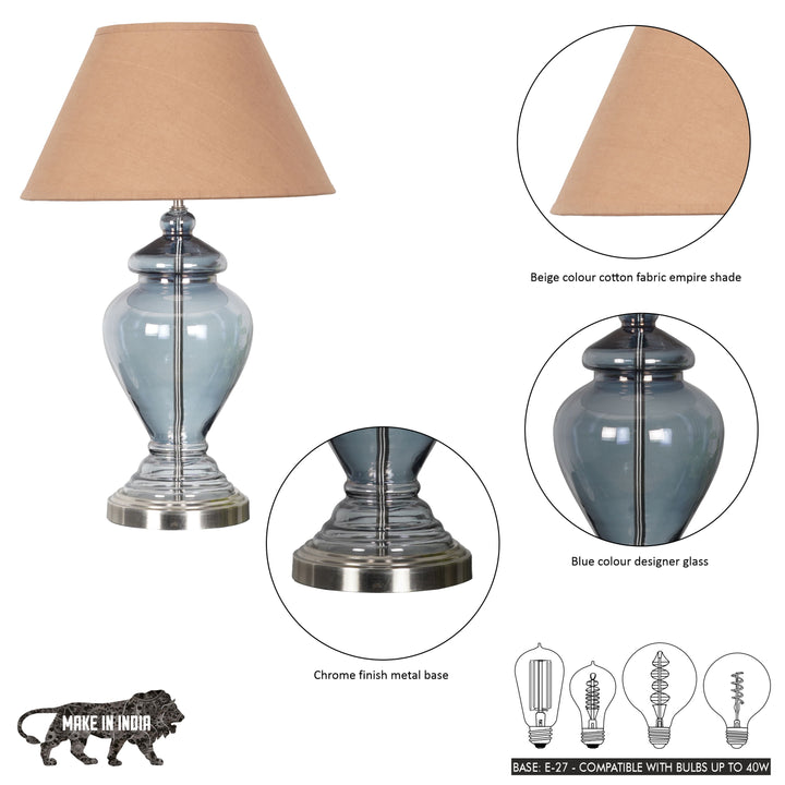 SYRACUSE Blue Glass Table Lamp With White Beige Cotton Shade
